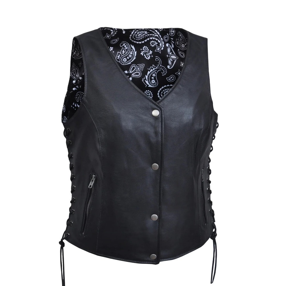 Unik Premium Women Sz M Black Leather Snap Front Vest Side Laces Paisley Liner - Picture 4 of 16